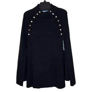 NWT Blue Sol Medium Black Cape Sweater Poncho With Gold Accent Buttons